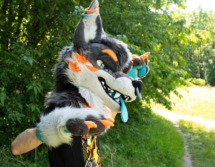 Ethyos, a grey, white and orange wolf fursuit, leaning forward with paws out in a green park